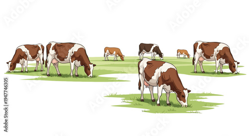 A herd of brown and white cows grazing peacefully in a lush green field, showcasing rural farm life and agricultural beauty