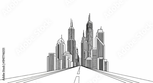 Sketch of a vanishing point road leading to a modern city skyline