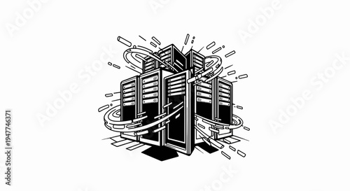 Stylized black and white illustration of a cluster of servers with abstract motion lines