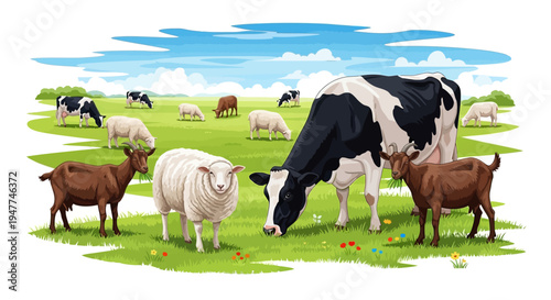 Farm animals grazing in a lush green meadow under a bright blue sky with fluffy white clouds
