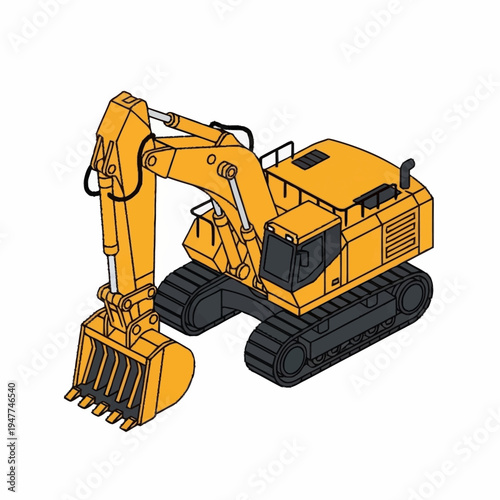 A yellow excavator machine with black tracks.