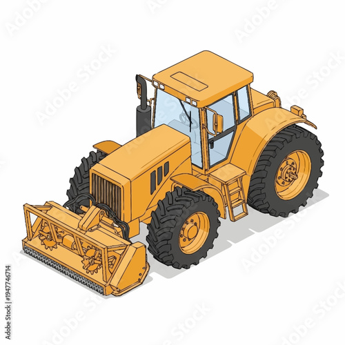 Isometric illustration of a yellow tractor with a front-mounted rotary mower attachment, viewed from a high angle.