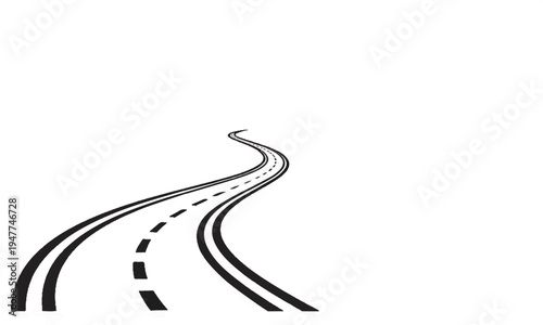 Stylized black and white illustration of a curving road with dashed lines