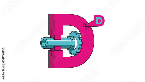 Technical 3D illustration of a blue gear and shaft assembly passing through a large pink mechanical frame shaped like the letter D.