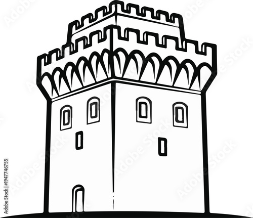 Stylized black and white illustration of a crenellated tower with arched parapet