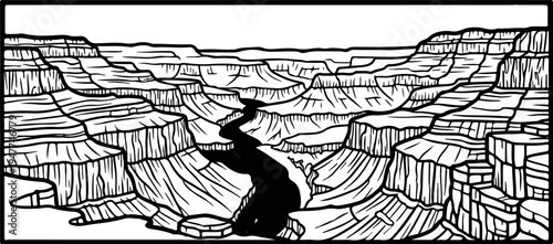 Stylized black and white illustration of a deep canyon with a winding river below