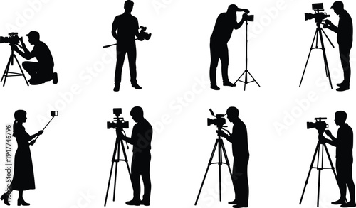 Collection of photographer and videographer silhouettes with cameras, tripods and selfie stick showing media production, filming, photography work, content creation isolated on white background