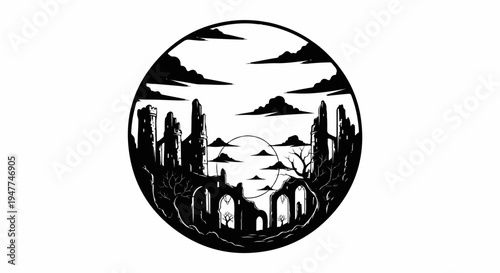 Stylized circular silhouette of gothic ruins under a cloudy sky