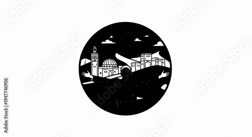 Stylized circular silhouette of a city skyline with a person welcoming