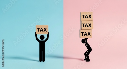 Tax burden comparison with stick figures in contrasting blue and pink lighting on plain background for financial illustration.