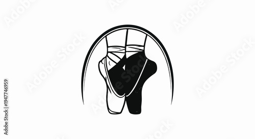 Sketch of ballet slippers, one light, one dark, within a curved outline