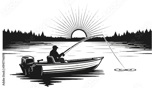 Silhouette of angler in boat with sun rising over trees and calm water