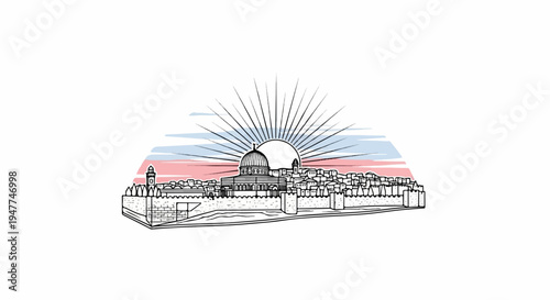 Stylized city skyline with a prominent dome building and sun rays
