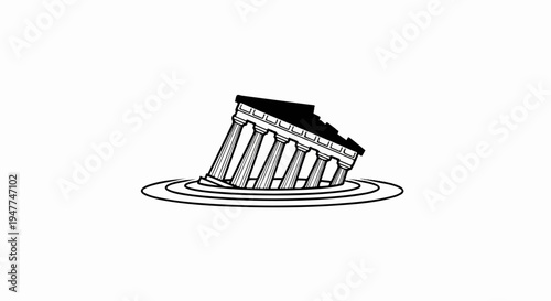 Stylized classical building with pillars sinking into concentric circles