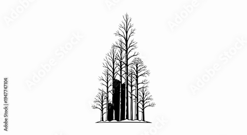 Silhouette of bare winter trees with subtle shapes suggesting buildings