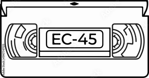 Stylized, clean line art of a vintage video cassette tape, labeled EC-45