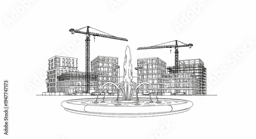 Sketch of construction cranes and buildings with a fountain in foreground