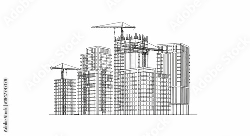 Sketch of construction cranes and tall buildings in progress