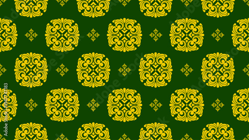 Golden floral medallion seamless pattern on dark green background. Luxury ornamental repeating design for textile, wallpaper, and premium packaging.