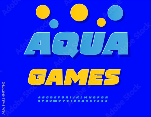 Vector Funny template Aqua Games. Dynamic Blue Alphabet Letters and Numbers. Decorative Font.