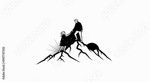 Silhouette of couple climbing mountain peak, sunburst rising from behind