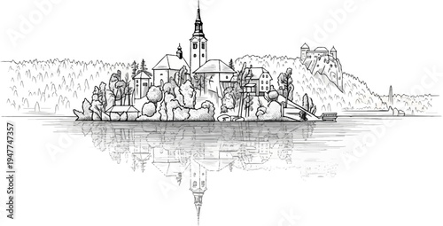 Sketch of lakeside island settlement with reflected buildings and distant castle