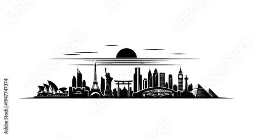 Silhouette of famous global landmarks against a sunset