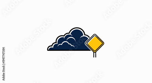 Stylized dark cloud with a yellow diamond warning sign on a pole