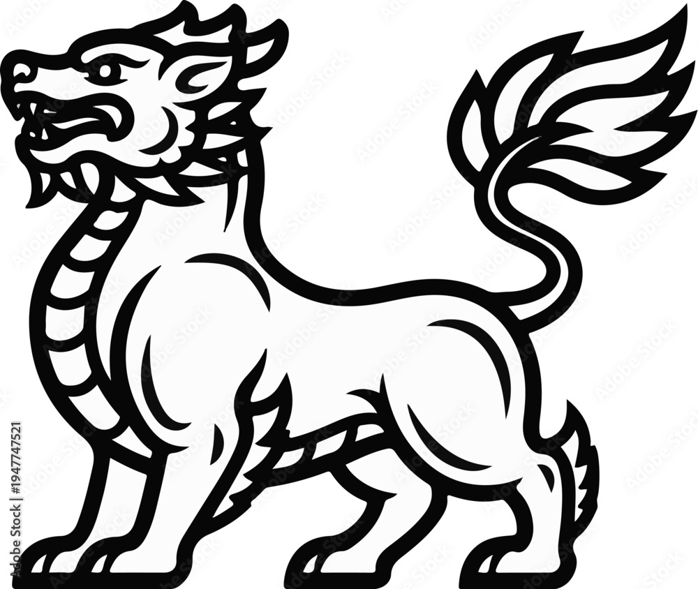 Fototapeta premium Stylized black and white illustration of a mythical creature with a dragon-like head