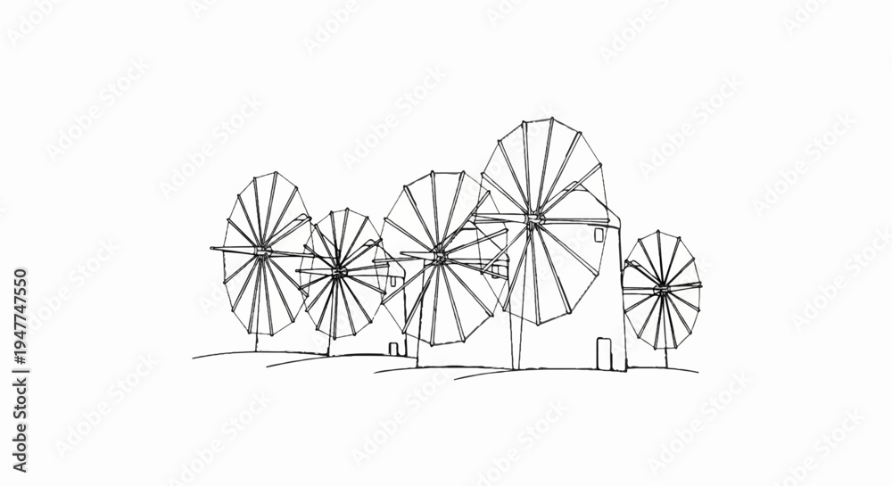 Fototapeta premium Sketch of old windmills with large rotating sails against a white background