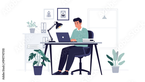 Professional man focused on his work while sitting at a clean office desk equipped with a laptop, lamp, and indoor plants.