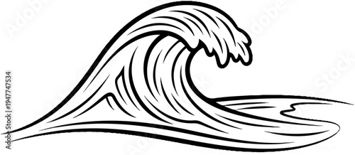 Stylized depiction of a large cresting ocean wave in a black and white outline