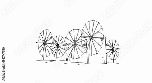 Sketch of old windmills with large rotating sails against a white background