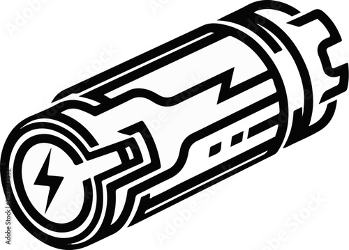 Stylized depiction of a futuristic battery or power cell with lightning bolt