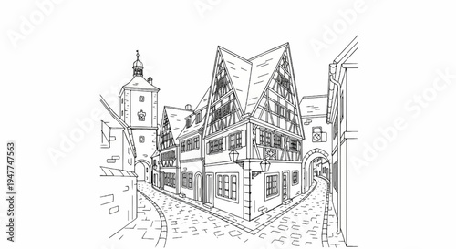 Sketch of quaint European street with half-timbered buildings and a tower