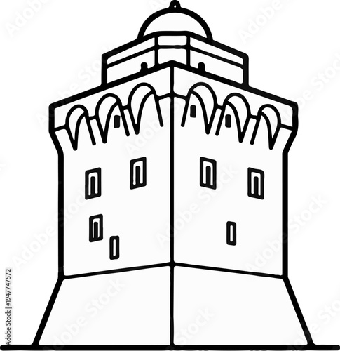 Stylized depiction of a multi-story fortified structure with arched crenellations and a dome