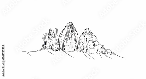 Sketch of three rugged, jagged mountain peaks against a white background