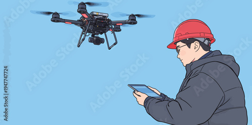 A man stands inside and uses a tablet to operate a drone that hovers above him. He wears a hard hat for safety.