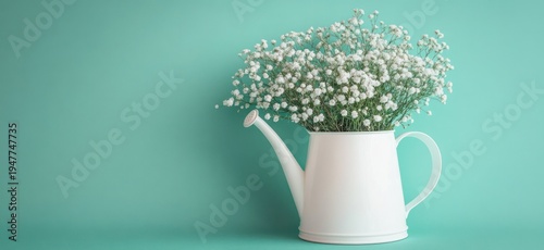 white watering can filled with delicate white baby's breath flowers against a mint teal background, serene and fresh still life