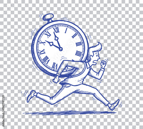 A 3d illustration of a businessman running with a vintage alarm clock to meet a deadline, representing the time is money concept through a fast-paced countdown