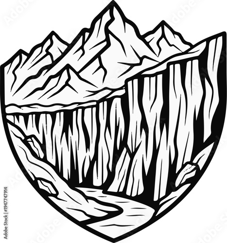 Stylized depiction of steep mountains above a deep canyon with a river