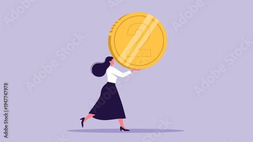 Businesswoman in a long skirt running while carrying a massive gold coin with the number two to represent financial success.