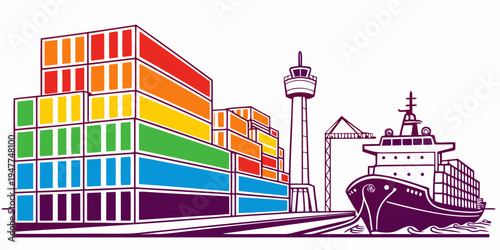 A colorful cargo ship and industrial scene Vector