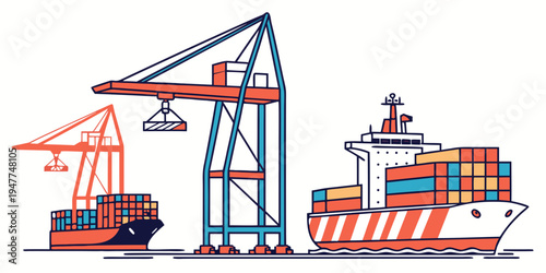 A cargo ship and crane loading containers Vector