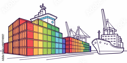 A large pile of colorful shipping containers on a dock Vector
