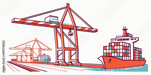 A cargo ship with cranes on the dock Vector