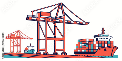 A large cargo ship with cranes on the dock Vector