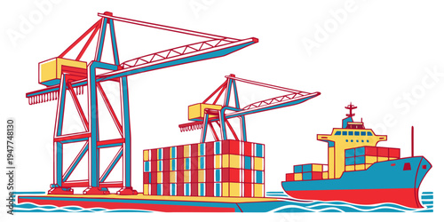 A cargo ship with cranes and containers on the dock Vector