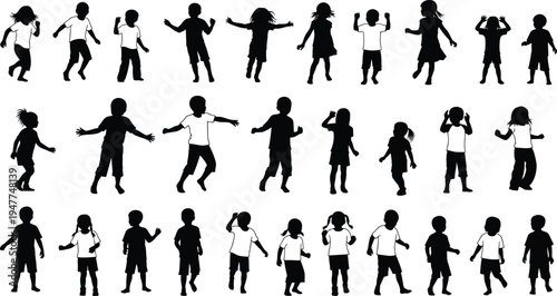 Kids dancing silhouette collection set, children boys and girls playful poses bundle, cad drawing flat vector illustration isolated on white background