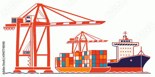 A cargo ship with containers and cranes at a port Vector